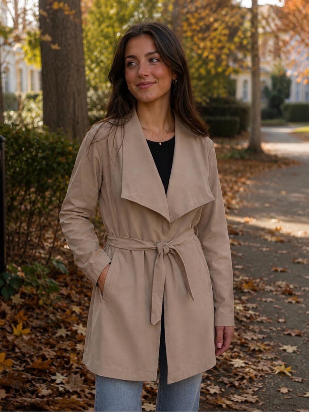 Women’s Small Love Tree Lightweight Beige Trench Coat Wrap w/Belt Quiet Luxury